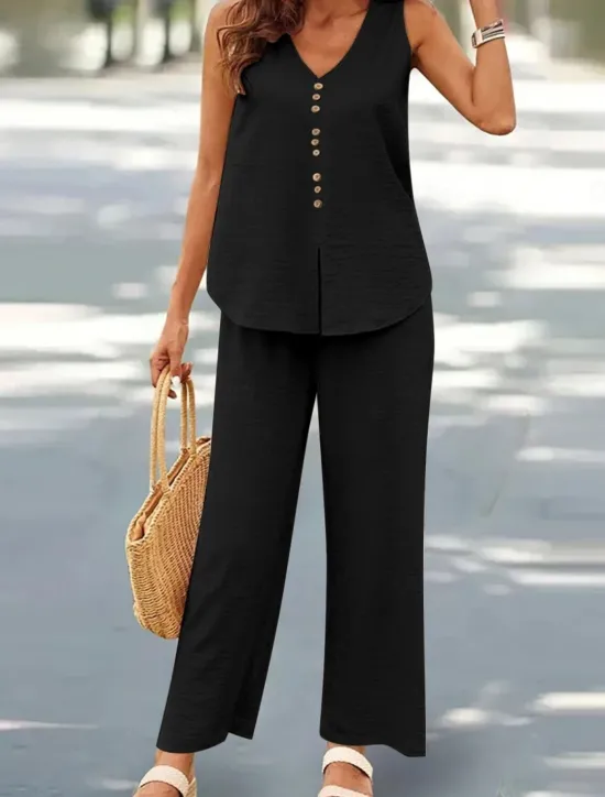 New Women's Fashion Streetwear Daily Pants Sets Sleeveless V Neck Plain Casual Daily Black Navy Blue Green Summer Loose Fit Women Two Piece Sets