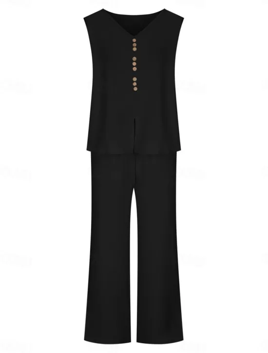 New Women's Fashion Streetwear Daily Pants Sets Sleeveless V Neck Plain Casual Daily Black Navy Blue Green Summer Loose Fit Women Two Piece Sets