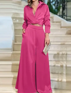 Outlet Women's Fashion Streetwear Shirt Pants Trousers Long Sleeve Shirt Collar Solid Color Ruched Formal Party Work Blue Spring Loose Fit Women Two Piece Sets