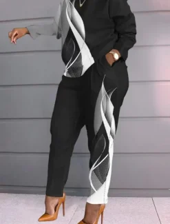 New Women's Fashion Streetwear Daily Pants Sets Long Sleeve Crew Neck Graphic Color Block Letter Print Casual Daily Black White Red Spring Regular Fit Women Two Piece Sets