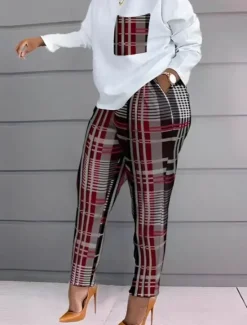 New Women's Fashion Streetwear Daily Pants Sets Long Sleeve Crew Neck Graphic Color Block Letter Print Casual Daily Black White Red Spring Regular Fit Women Two Piece Sets