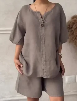 Clearance Women's Fashion Streetwear Shirt Linen-Inspired Sets Two Piece Sets Baggy Shorts Short Sleeve Crew Neck Solid Color Patchwork Formal Party Work Red Royal Blue Khaki Spring Loose Fit Women Sets