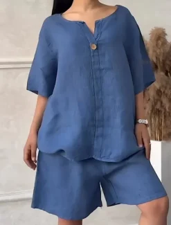 Clearance Women's Fashion Streetwear Shirt Linen-Inspired Sets Two Piece Sets Baggy Shorts Short Sleeve Crew Neck Solid Color Patchwork Formal Party Work Red Royal Blue Khaki Spring Loose Fit Women Sets