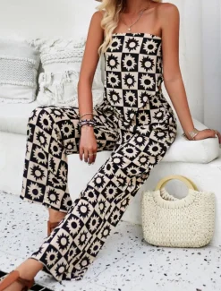Women's Fashion Streetwear Daily Tube Top Wide Leg Pants Sleeveless Graphic Print Casual Daily Black Khaki Summer Regular Fit Women Two Piece Sets