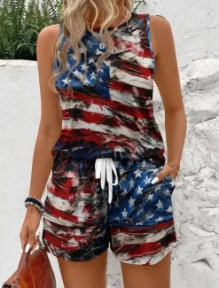 Best Women's Fashion Streetwear Daily Shorts Sets Sleeveless Round Neck Graphic Print Casual Daily Wine Red Navy Blue Summer Regular Fit Women Independence Day Top|Two Piece Sets