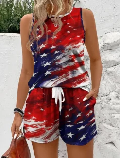 Best Women's Fashion Streetwear Daily Shorts Sets Sleeveless Round Neck Graphic Print Casual Daily Wine Red Navy Blue Summer Regular Fit Women Independence Day Top|Two Piece Sets