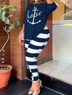 Sale Women's Fashion Streetwear Daily Pants Sets Long Sleeve Round Neck Ombre Letter Print Casual Daily Black White Navy Blue Summer Regular Fit Women Two Piece Sets