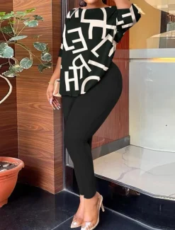 Sale Women's Fashion Streetwear Daily Pants Sets Long Sleeve Round Neck Ombre Letter Print Casual Daily Black White Navy Blue Summer Regular Fit Women Two Piece Sets