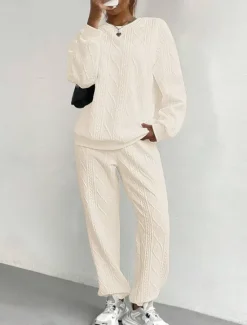 New Women's Fashion Streetwear Daily Pants Sets Long Sleeve Crew Neck Solid Color Casual Daily Black White Pink Summer Regular Fit Women Two Piece Sets