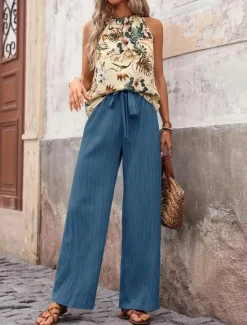 Online Women's Fashion Streetwear Daily Pants Sets Sleeveless Halter Neck Floral Print Casual Daily Navy Blue Royal Blue Blue Summer Regular Fit Women Two Piece Sets
