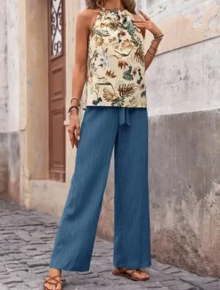 Online Women's Fashion Streetwear Daily Pants Sets Sleeveless Halter Neck Floral Print Casual Daily Navy Blue Royal Blue Blue Summer Regular Fit Women Two Piece Sets