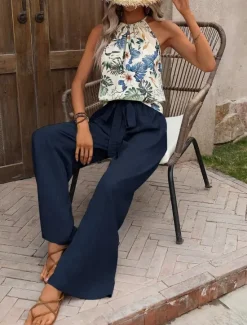 Online Women's Fashion Streetwear Daily Pants Sets Sleeveless Halter Neck Floral Print Casual Daily Navy Blue Royal Blue Blue Summer Regular Fit Women Two Piece Sets