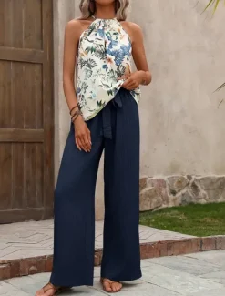 Online Women's Fashion Streetwear Daily Pants Sets Sleeveless Halter Neck Floral Print Casual Daily Navy Blue Royal Blue Blue Summer Regular Fit Women Two Piece Sets