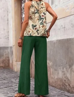 Online Women's Fashion Streetwear Daily Pants Sets Sleeveless Halter Neck Floral Print Casual Daily Navy Blue Royal Blue Blue Summer Regular Fit Women Two Piece Sets