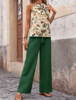 Online Women's Fashion Streetwear Daily Pants Sets Sleeveless Halter Neck Floral Print Casual Daily Navy Blue Royal Blue Blue Summer Regular Fit Women Two Piece Sets