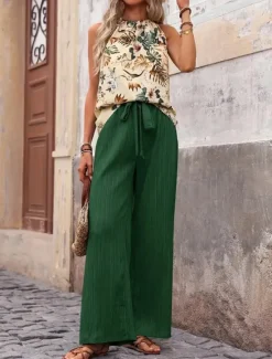 Online Women's Fashion Streetwear Daily Pants Sets Sleeveless Halter Neck Floral Print Casual Daily Navy Blue Royal Blue Blue Summer Regular Fit Women Two Piece Sets