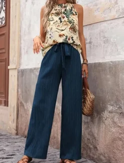 Online Women's Fashion Streetwear Daily Pants Sets Sleeveless Halter Neck Floral Print Casual Daily Navy Blue Royal Blue Blue Summer Regular Fit Women Two Piece Sets