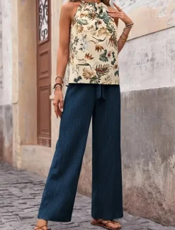 Online Women's Fashion Streetwear Daily Pants Sets Sleeveless Halter Neck Floral Print Casual Daily Navy Blue Royal Blue Blue Summer Regular Fit Women Two Piece Sets
