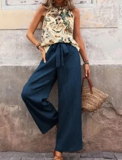 Online Women's Fashion Streetwear Daily Pants Sets Sleeveless Halter Neck Floral Print Casual Daily Navy Blue Royal Blue Blue Summer Regular Fit Women Two Piece Sets