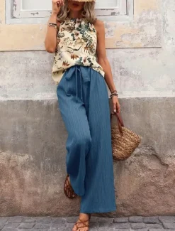 Online Women's Fashion Streetwear Daily Pants Sets Sleeveless Halter Neck Floral Print Casual Daily Navy Blue Royal Blue Blue Summer Regular Fit Women Two Piece Sets