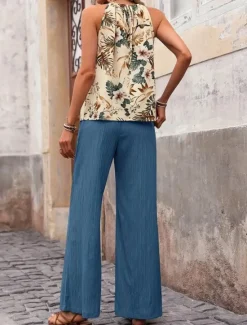 Online Women's Fashion Streetwear Daily Pants Sets Sleeveless Halter Neck Floral Print Casual Daily Navy Blue Royal Blue Blue Summer Regular Fit Women Two Piece Sets