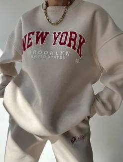 Women's Fashion Streetwear Daily Sweatshirt Sweatpants Long Sleeve Crew Neck Letter Print Casual Daily Blue Beige Gray Fall Regular Fit Women Two Piece Sets