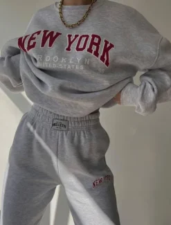 Women's Fashion Streetwear Daily Sweatshirt Sweatpants Long Sleeve Crew Neck Letter Print Casual Daily Blue Beige Gray Fall Regular Fit Women Two Piece Sets