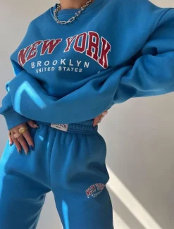 Women's Fashion Streetwear Daily Sweatshirt Sweatpants Long Sleeve Crew Neck Letter Print Casual Daily Blue Beige Gray Fall Regular Fit Women Two Piece Sets
