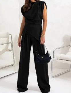 Discount Women's Fashion Streetwear Daily Pants Sets Sleeveless Round Neck Solid Color Ruched Casual Daily Dark Grey Black White Spring Loose Fit Women Two Piece Sets