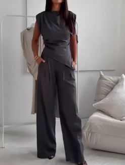 Discount Women's Fashion Streetwear Daily Pants Sets Sleeveless Round Neck Solid Color Ruched Casual Daily Dark Grey Black White Spring Loose Fit Women Two Piece Sets