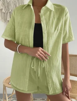 Discount Women's Fashion Streetwear Shirt Linen-Inspired Sets Two Piece Sets Below Knee Length Shorts Short Sleeve Shirt Collar Solid Color Drawstring Daily Wear Date White Green Khaki Summer Regular Fit Women Sets