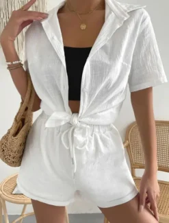 Discount Women's Fashion Streetwear Shirt Linen-Inspired Sets Two Piece Sets Below Knee Length Shorts Short Sleeve Shirt Collar Solid Color Drawstring Daily Wear Date White Green Khaki Summer Regular Fit Women Sets