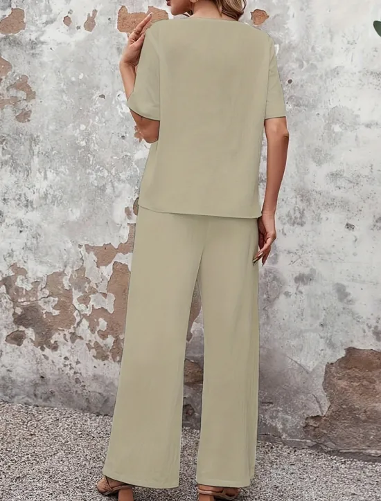 Outlet Women's Fashion Streetwear Daily T Shirt Wide Leg Pants Half Sleeve Crew Neck Plain Casual Daily Spring & Fall Regular Fit Women Two Piece Sets