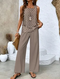 Discount Women's Fashion Streetwear Daily Pants Sets Sleeveless Square Neck Solid Color Floral Print Vacation Casual Daily Red Blue Brown Summer Regular Fit Women Two Piece Sets