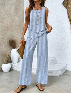 Discount Women's Fashion Streetwear Daily Pants Sets Sleeveless Square Neck Solid Color Floral Print Vacation Casual Daily Red Blue Brown Summer Regular Fit Women Two Piece Sets
