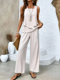 Discount Women's Fashion Streetwear Daily Pants Sets Sleeveless Square Neck Solid Color Floral Print Vacation Casual Daily Red Blue Brown Summer Regular Fit Women Two Piece Sets
