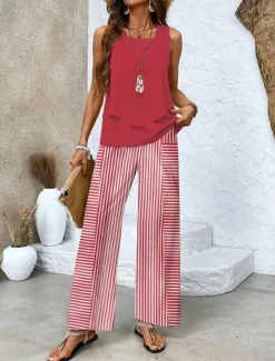 Discount Women's Fashion Streetwear Daily Pants Sets Sleeveless Square Neck Solid Color Floral Print Vacation Casual Daily Red Blue Brown Summer Regular Fit Women Two Piece Sets