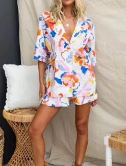 Women's Fashion Streetwear Daily Shirt Blouse Baggy Shorts 3/4 Length Sleeve Shirt Collar Floral Color Block Print Casual Daily Pink Blue Green Spring & Fall Regular Fit Women Two Piece Sets