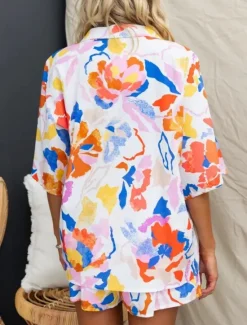 Women's Fashion Streetwear Daily Shirt Blouse Baggy Shorts 3/4 Length Sleeve Shirt Collar Floral Color Block Print Casual Daily Pink Blue Green Spring & Fall Regular Fit Women Two Piece Sets
