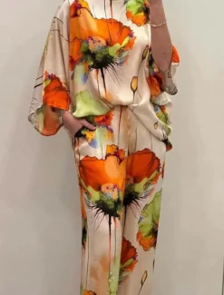 Discount Women's Fashion Streetwear Daily Shirt Blouse Wide Leg Pants Long Sleeve Crew Neck Floral Print Casual Daily Black Orange Green Spring & Fall Regular Fit Women Two Piece Sets|Spring Tops