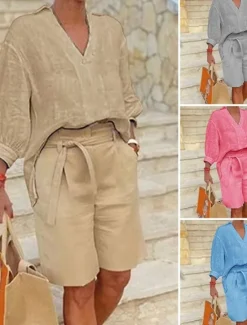 Sale Women's Fashion Streetwear Shirt Cotton Linen Sets Two Piece Sets Beach Shorts Short Sleeve V Neck Solid Color Drawstring Daily Wear Date Blue Khaki Gray Summer Regular Fit Women Sets