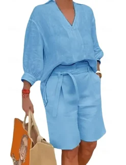 Sale Women's Fashion Streetwear Shirt Cotton Linen Sets Two Piece Sets Beach Shorts Short Sleeve V Neck Solid Color Drawstring Daily Wear Date Blue Khaki Gray Summer Regular Fit Women Sets