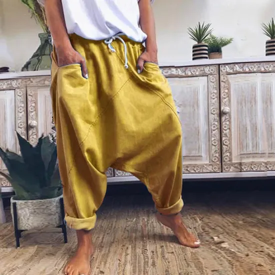 Outlet Women's Fashion Streetwear Chinos Harem Pants Side Pockets Baggy Elastic Drawstring Design Full Length Pants Casual Weekend Micro-elastic Plain Linen / Cotton Blend Comfort Mid Waist Loose Blue Gray Women Pants