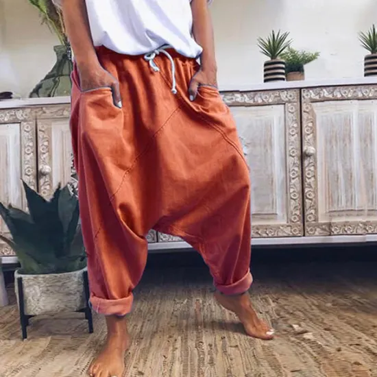 Outlet Women's Fashion Streetwear Chinos Harem Pants Side Pockets Baggy Elastic Drawstring Design Full Length Pants Casual Weekend Micro-elastic Plain Linen / Cotton Blend Comfort Mid Waist Loose Blue Gray Women Pants