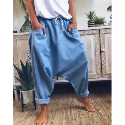 Outlet Women's Fashion Streetwear Chinos Harem Pants Side Pockets Baggy Elastic Drawstring Design Full Length Pants Casual Weekend Micro-elastic Plain Linen / Cotton Blend Comfort Mid Waist Loose Blue Gray Women Pants