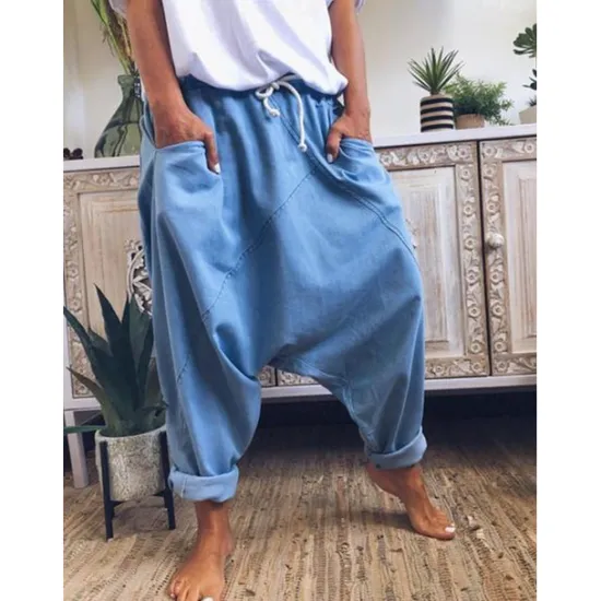 Outlet Women's Fashion Streetwear Chinos Harem Pants Side Pockets Baggy Elastic Drawstring Design Full Length Pants Casual Weekend Micro-elastic Plain Linen / Cotton Blend Comfort Mid Waist Loose Blue Gray Women Pants