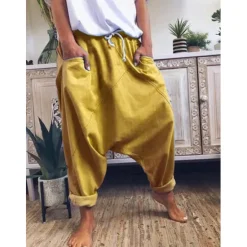 Outlet Women's Fashion Streetwear Chinos Harem Pants Side Pockets Baggy Elastic Drawstring Design Full Length Pants Casual Weekend Micro-elastic Plain Linen / Cotton Blend Comfort Mid Waist Loose Blue Gray Women Pants