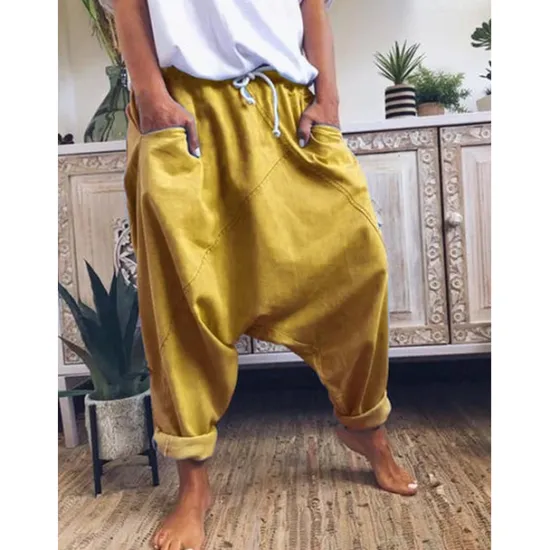 Outlet Women's Fashion Streetwear Chinos Harem Pants Side Pockets Baggy Elastic Drawstring Design Full Length Pants Casual Weekend Micro-elastic Plain Linen / Cotton Blend Comfort Mid Waist Loose Blue Gray Women Pants