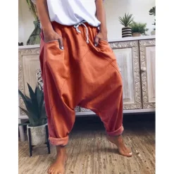 Outlet Women's Fashion Streetwear Chinos Harem Pants Side Pockets Baggy Elastic Drawstring Design Full Length Pants Casual Weekend Micro-elastic Plain Linen / Cotton Blend Comfort Mid Waist Loose Blue Gray Women Pants