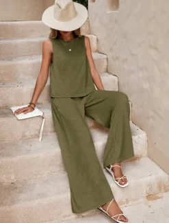 Hot Women's Fashion Streetwear Daily Shirt Linen-Inspired Sets Two Piece Sets Wide Leg Pants Sleeveless Crew Neck Plain Casual Daily Black Yellow Army Green Summer Regular Fit Women Sets